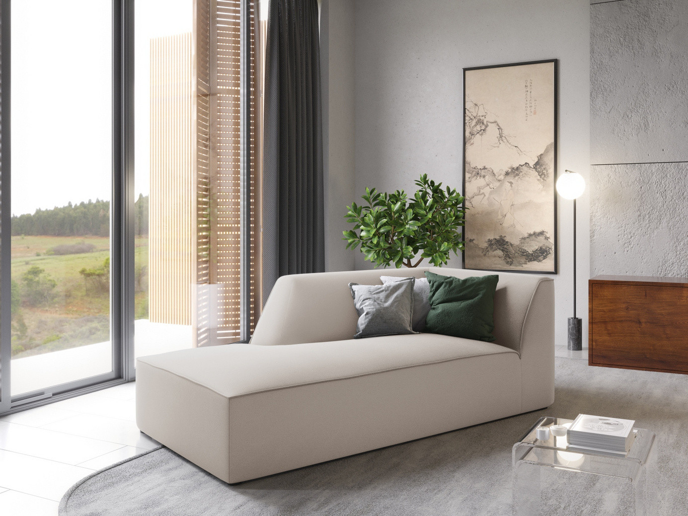 Cosmopolitan Design vänstervänd sammetsschäslong, "Siena", 1-sits, 93 × 181 × 69 cm, Salvador, svarta plastben