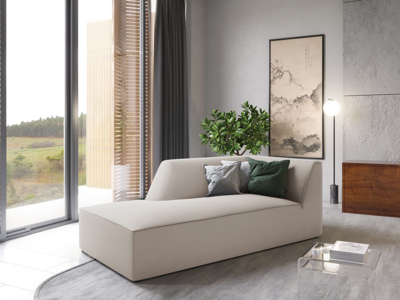 Cosmopolitan Design vänstervänd sammetsschäslong, "Siena", 1-sits, 93 × 181 × 69 cm, Salvador, svarta plastben