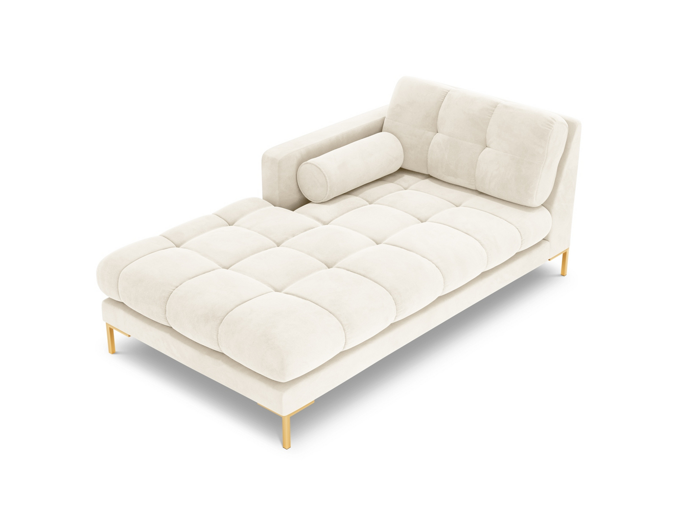 Cosmopolitan Design vänstervänd sammetsschäslong, "Bali", 1-sits, 102 × 185 × 75 cm, Bluvel, guldfärgade metallben