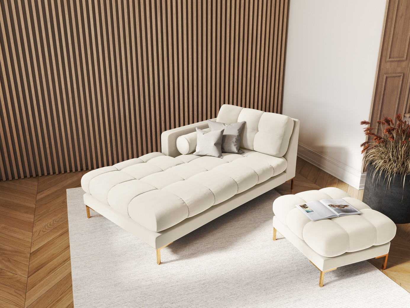 Cosmopolitan Design vänstervänd sammetsschäslong, "Bali", 1-sits, 102 × 185 × 75 cm, Bluvel, guldfärgade metallben