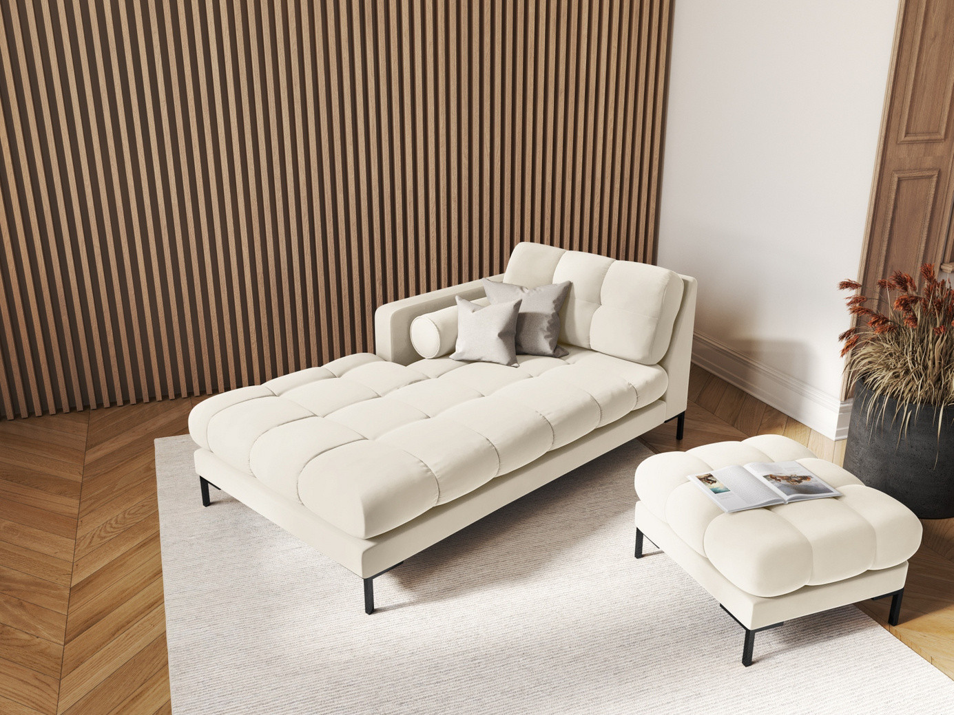 Cosmopolitan Design vänstervänd sammetsschäslong, "Bali", 1-sits, 102 × 185 × 75 cm, Bluvel, svarta metallben