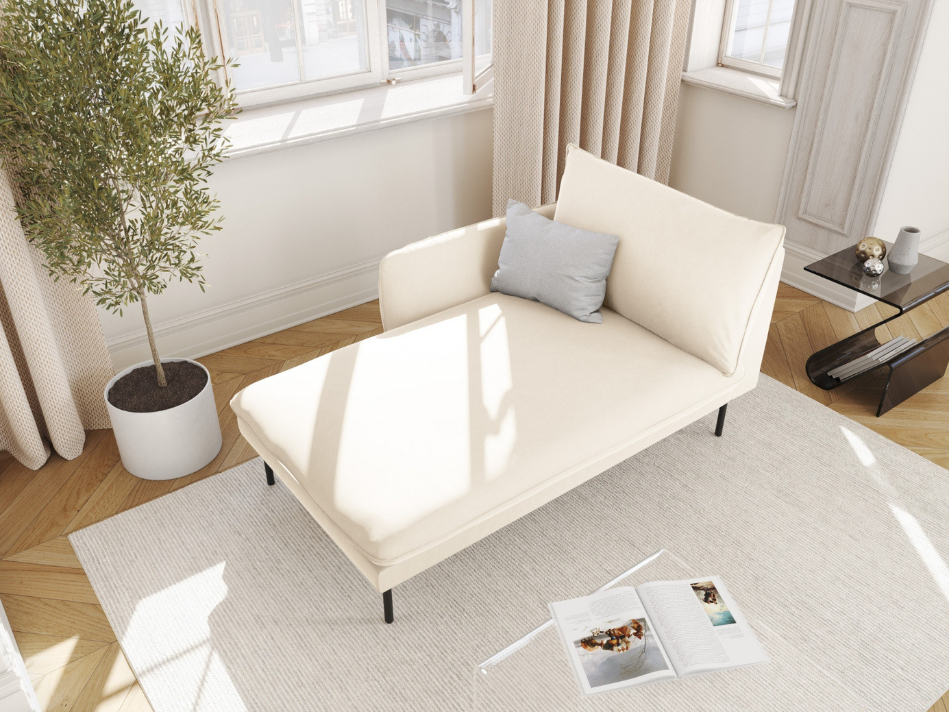 Cosmopolitan Design vänstervänd sammetsschäslong, "Vienna", 1-sits, 110 × 170 × 95 cm, Bluvel, svarta metallben