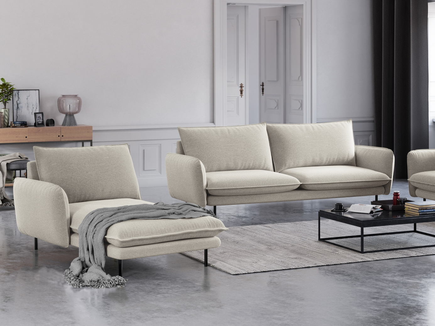 Cosmopolitan Design vänstervänd schäslong, "Vienna", 1-sits, 110 × 170 × 95 cm, Positano, svarta metallben