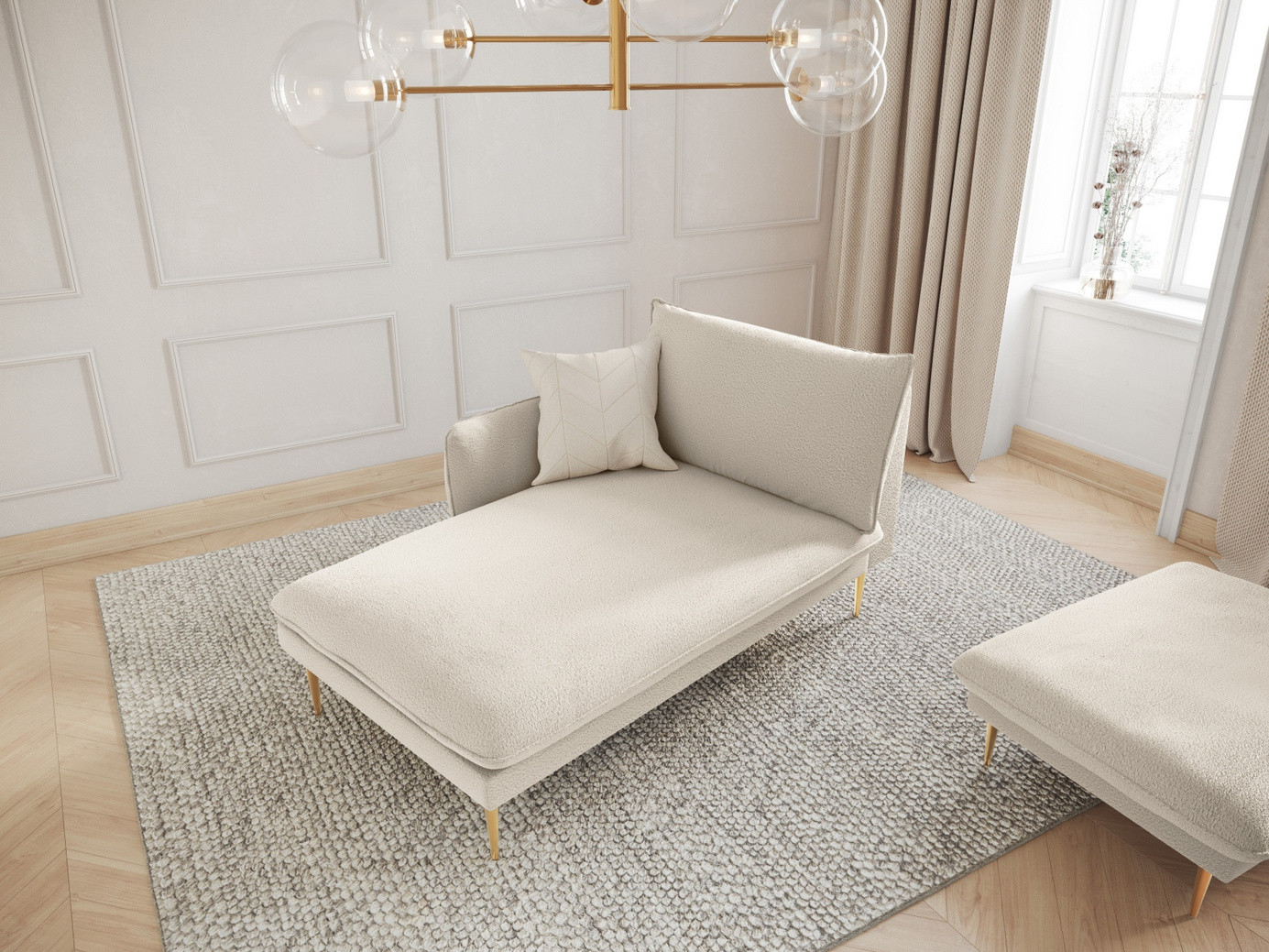 Cosmopolitan Design vänstervänd boucléschäslong, "Vienna", 1-sits, 110 × 170 × 95 cm, Ascot, guldfärgade metallben