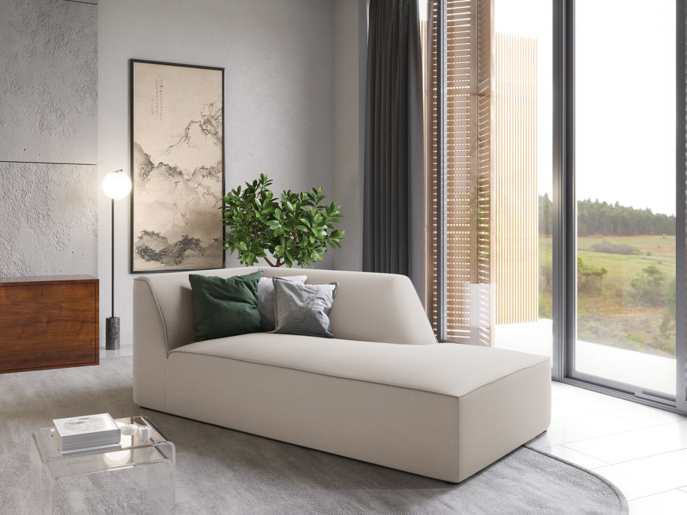 Cosmopolitan Design högervänd sammetsschäslong, "Siena", 1-sits, 93 × 181 × 69 cm, Salvador, svarta plastben