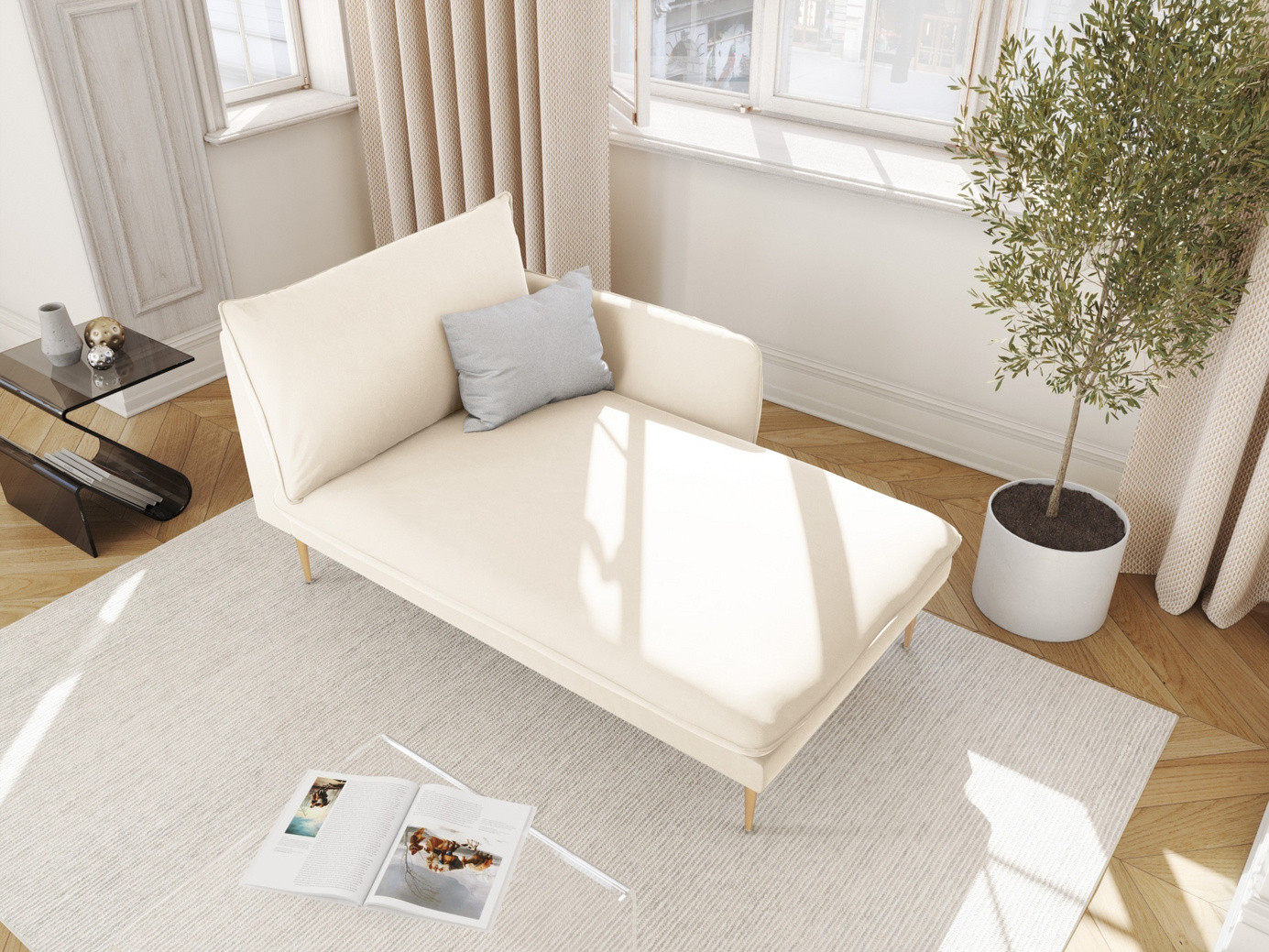 Cosmopolitan Design högervänd sammetsschäslong, "Vienna", 1-sits, 110 × 170 × 95 cm, Bluvel, guldfärgade metallben