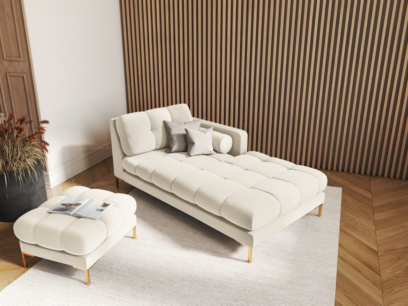 Cosmopolitan Design högervänd sammetsschäslong, "Bali", 1-sits, 102 × 185 × 75 cm, Bluvel, guldfärgade metallben