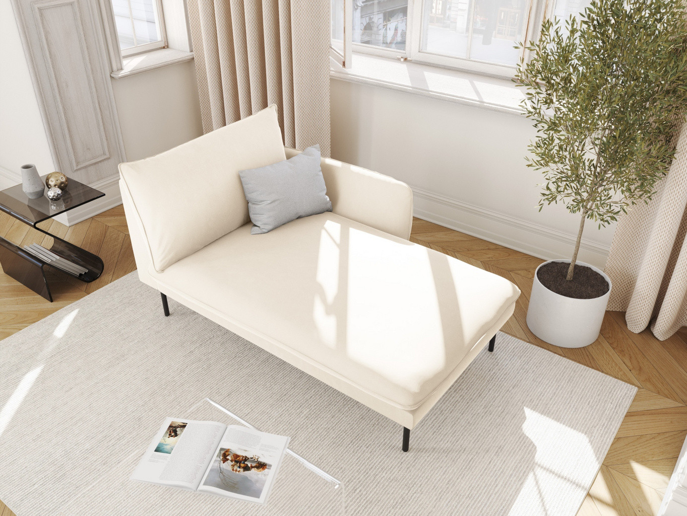 Cosmopolitan Design högervänd sammetsschäslong, "Vienna", 1-sits, 110 × 170 × 95 cm, Bluvel, svarta metallben