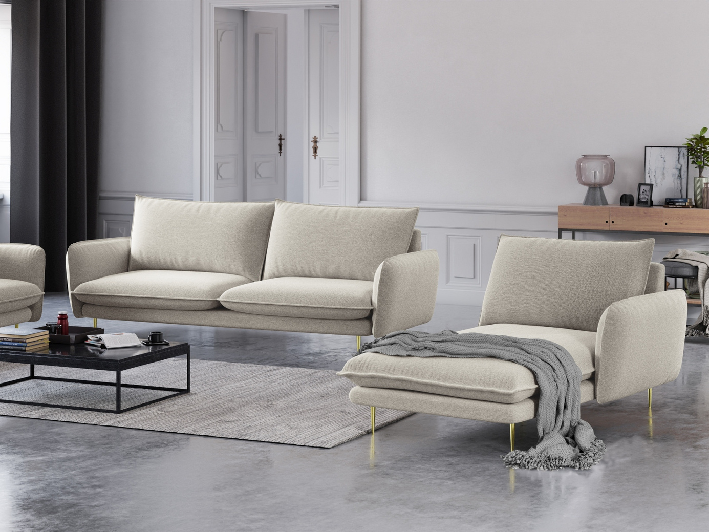 Cosmopolitan Design högervänd schäslong, "Vienna", 1-sits, 110 × 170 × 95 cm, Positano, guldfärgade metallben
