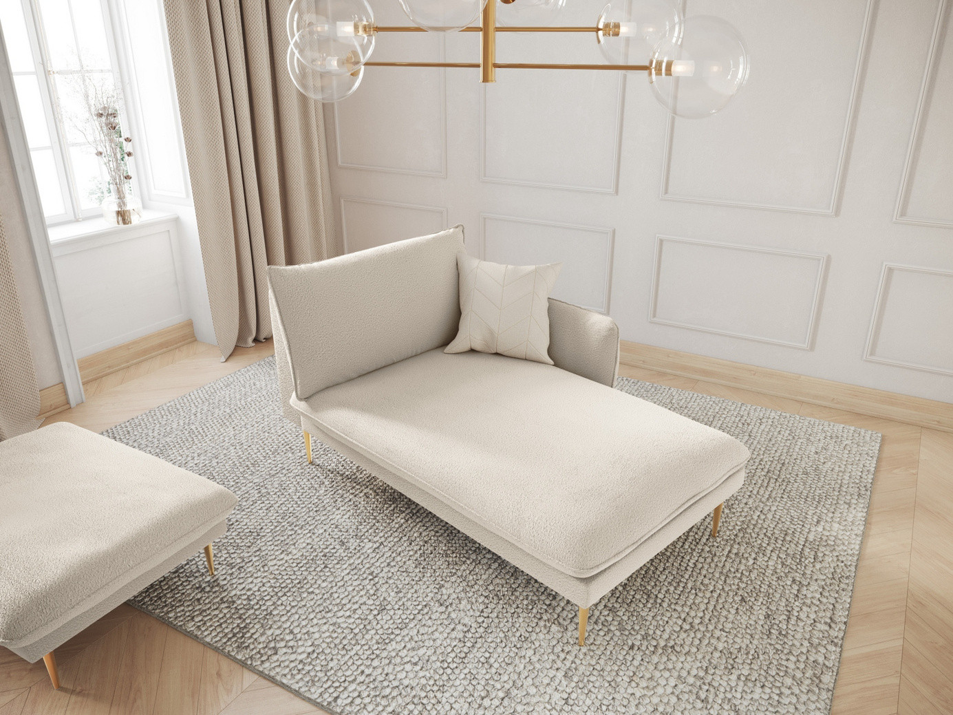 Cosmopolitan Design högervänd boucléschäslong, "Vienna", 1-sits, 110 × 170 × 95 cm, Ascot, guldfärgade metallben