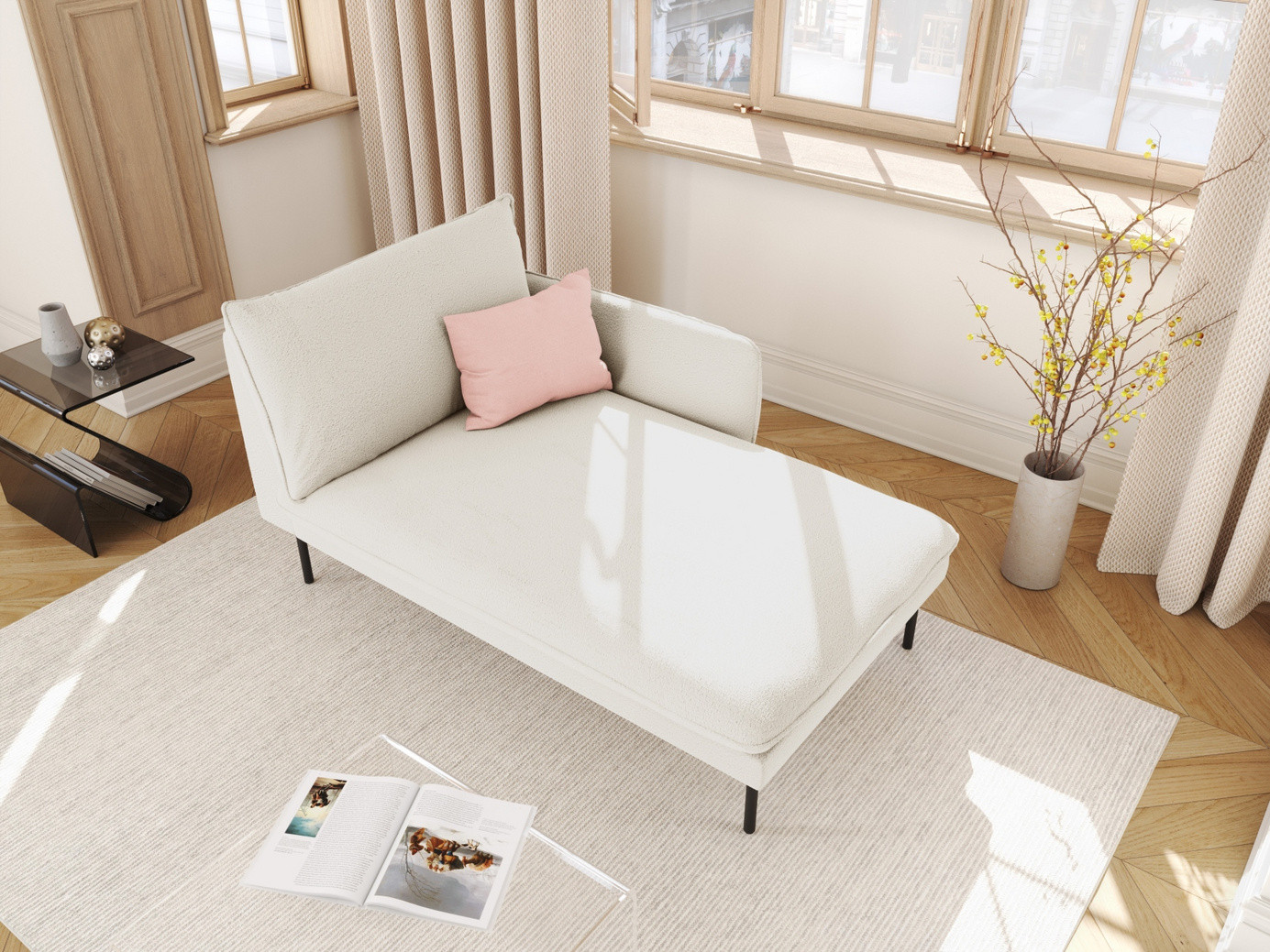 Cosmopolitan Design högervänd boucléschäslong, "Vienna", 1-sits, 110 × 170 × 95 cm, Ascot, svarta metallben