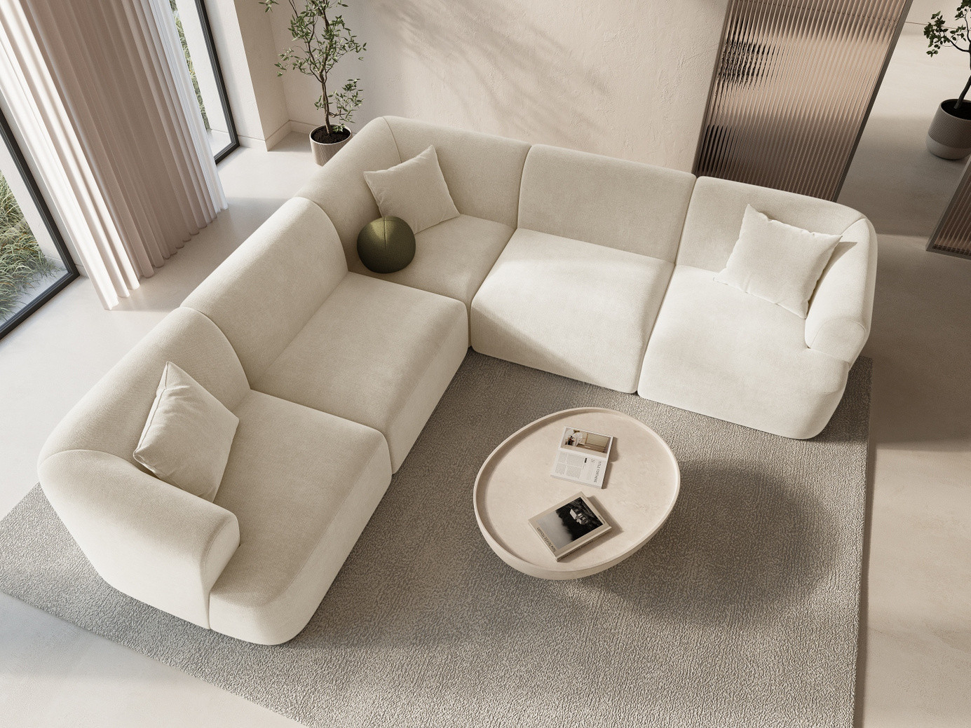 Cosmopolitan Design symmetrisk sammetsmodulhörnsoffa, "Campi", 6-sits, 255 × 255 × 70 cm, Vogue, svarta plastben