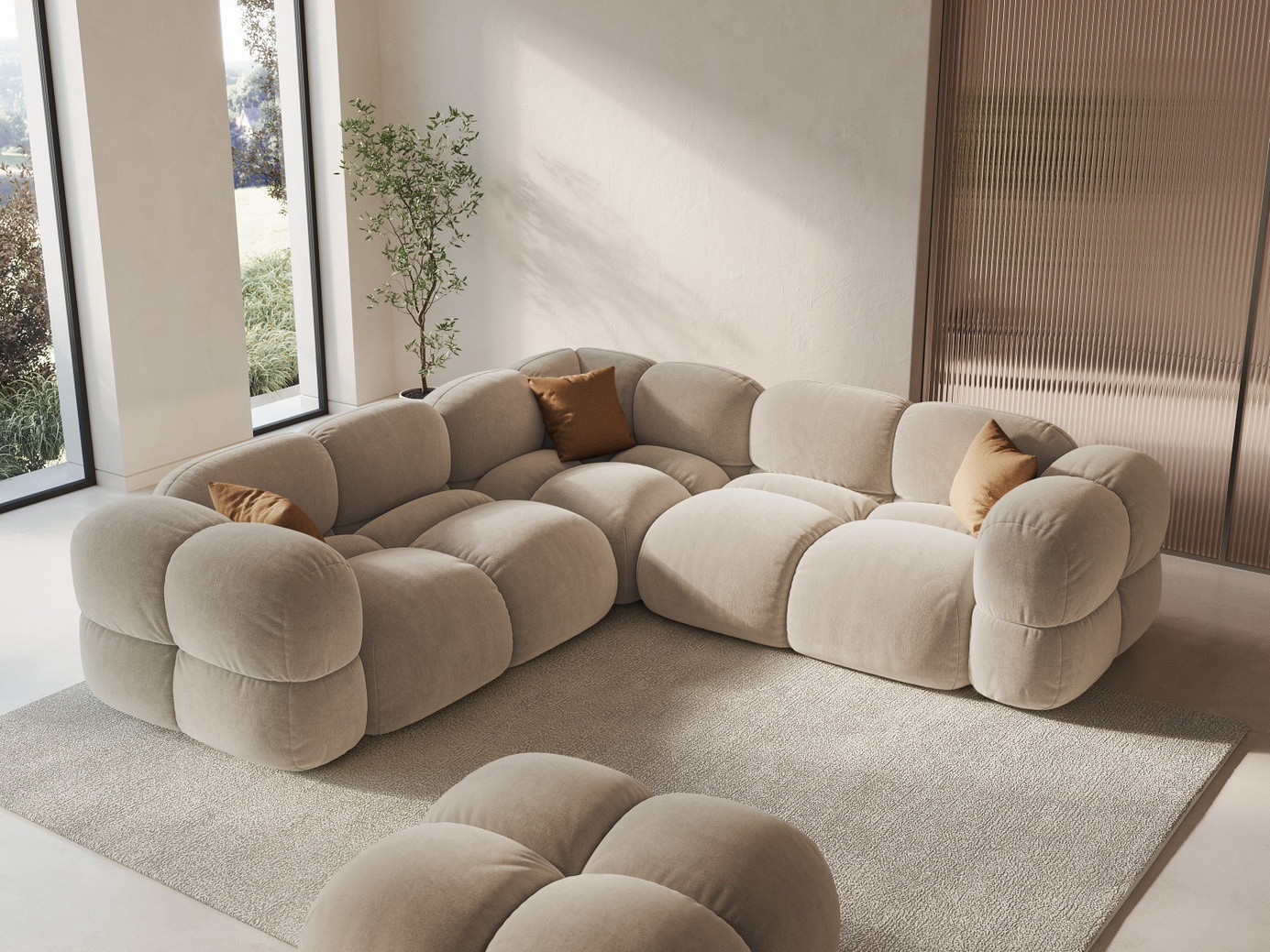 Cosmopolitan Design symmetrisk sammetshörnsoffa, "Loretto", 4-sits, 250 × 250 × 68 cm, Vogue, svarta plastben
