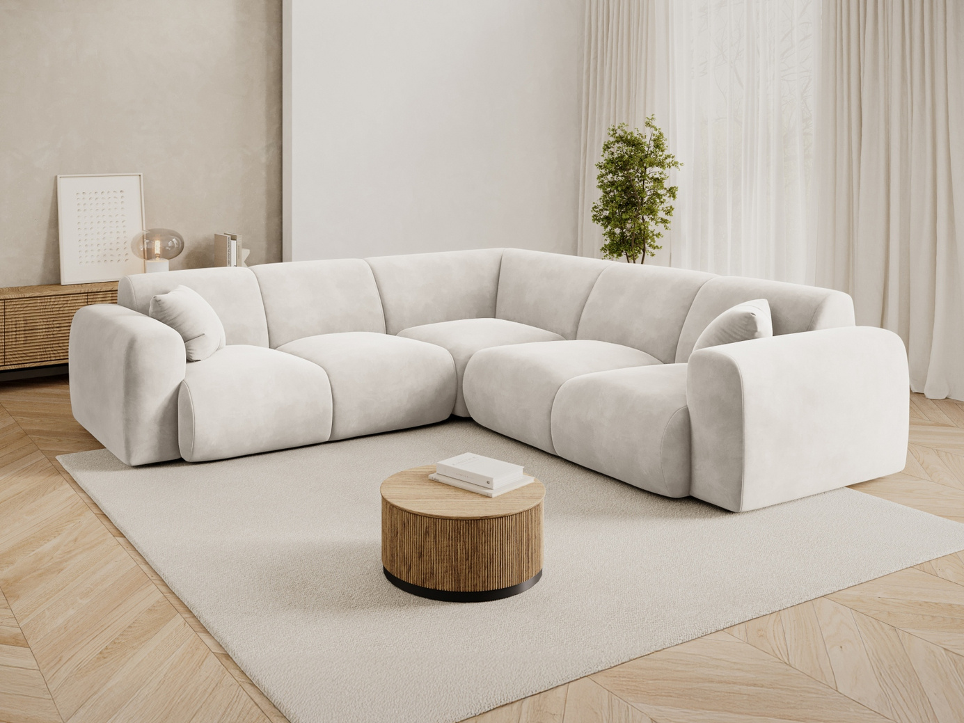 Cosmopolitan Design symmetrisk sammetshörnsoffa, "Nolio", 5-sits, 252 × 252 × 72 cm, Casino, svarta plastben