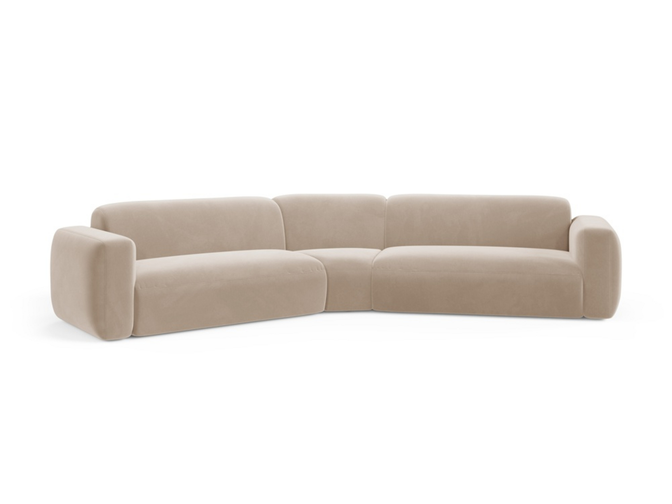 Cosmopolitan Design symmetrisk sammetsmodulhörnsoffa, "Strino", 3-sits, 344 × 210 × 78 cm, Salvador, svarta plastben