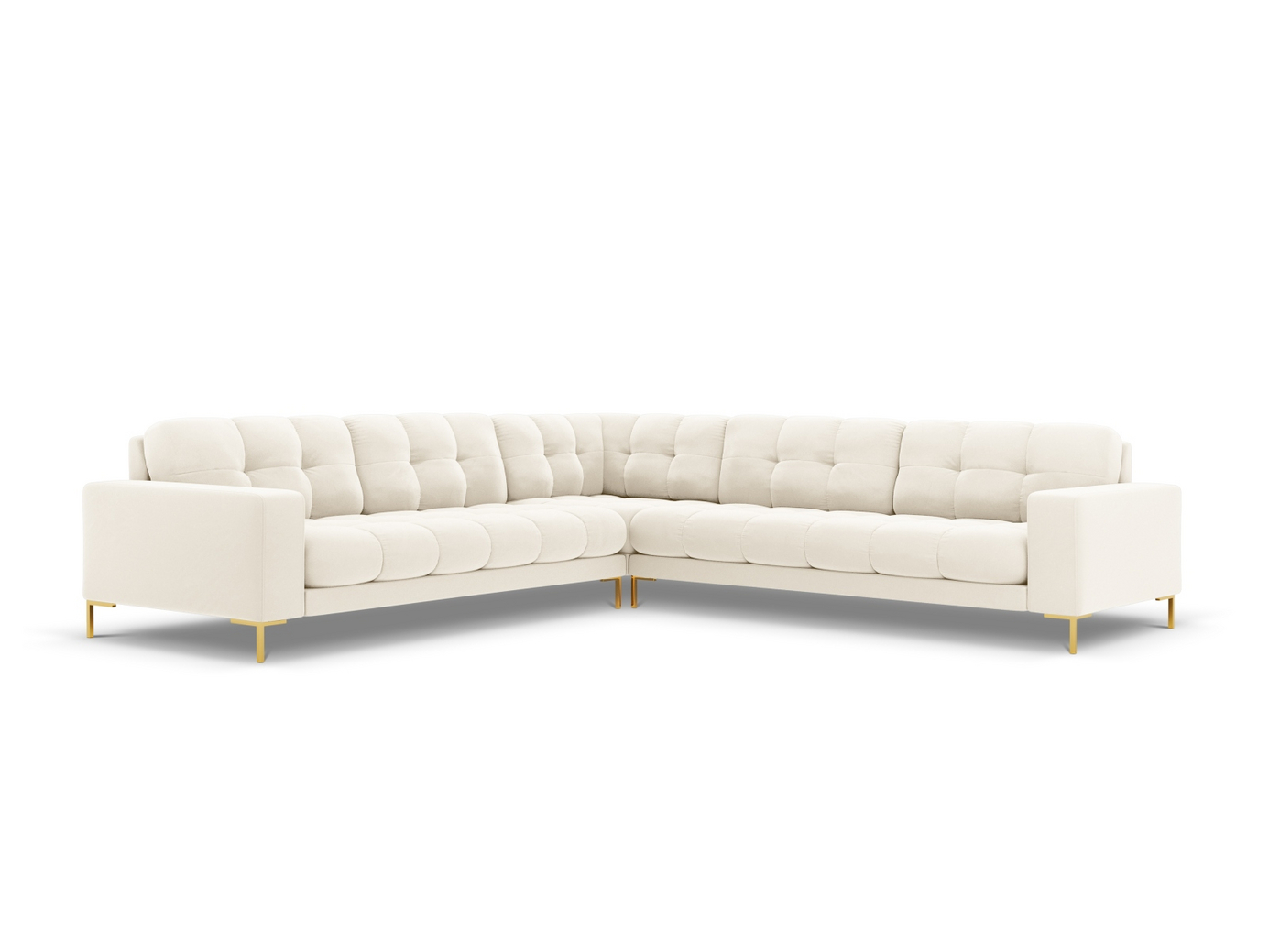 Cosmopolitan Design symmetrisk sammetshörnsoffa, "Bali", 6-sits, 256 × 256 × 75 cm, Bluvel, guldfärgade metallben