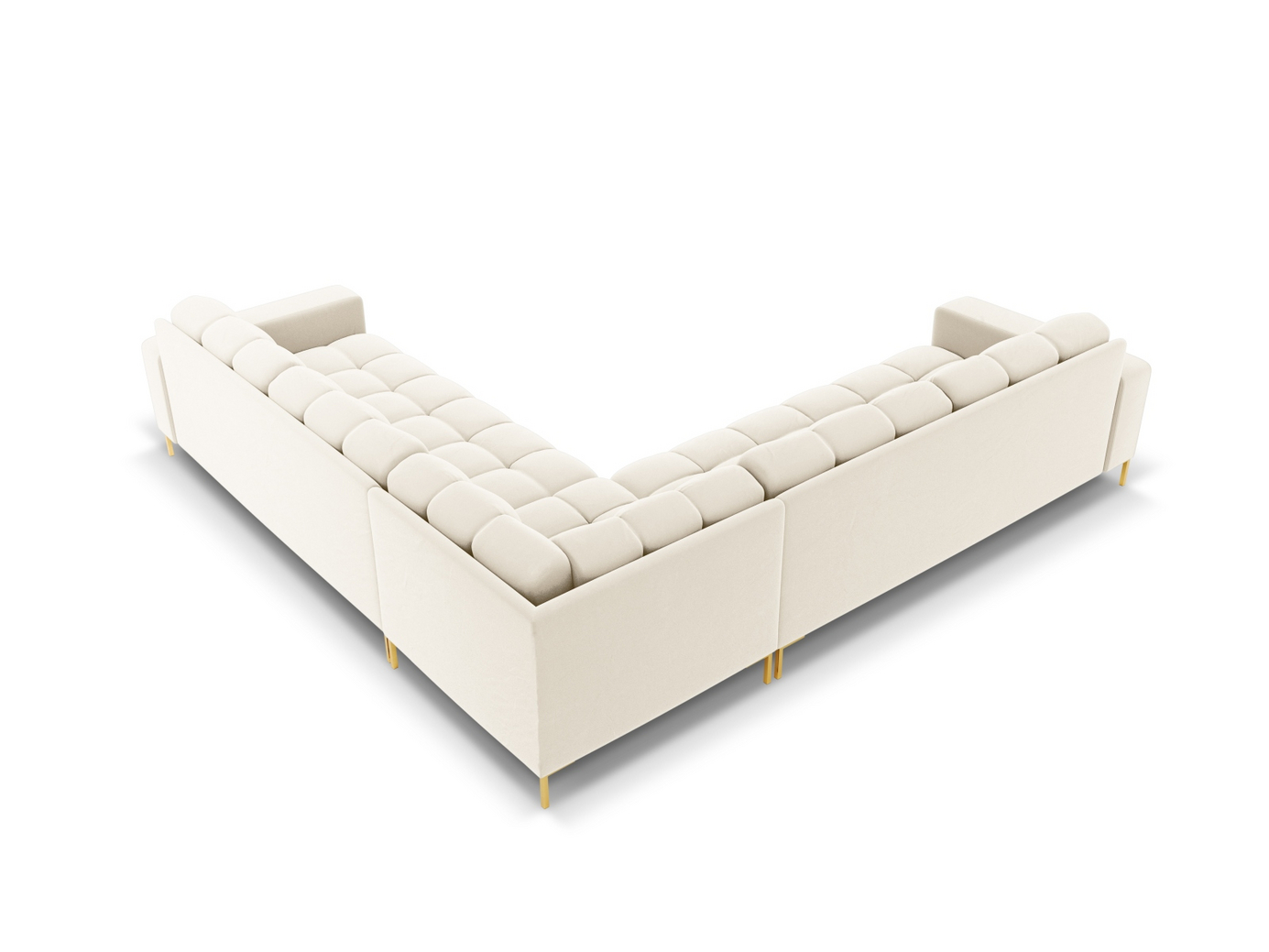 Cosmopolitan Design symmetrisk sammetshörnsoffa, "Bali", 6-sits, 256 × 256 × 75 cm, Bluvel, guldfärgade metallben