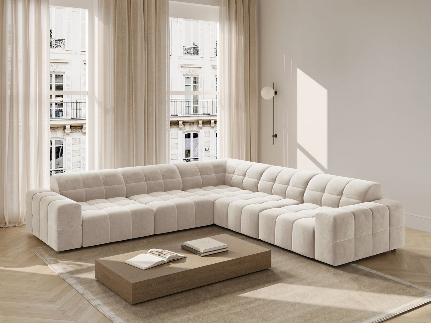 Cosmopolitan Design symmetrisk sammetshörnsoffa, "Chicago", 4-sits, 285 × 285 × 78 cm, Bluvel, svarta plastben