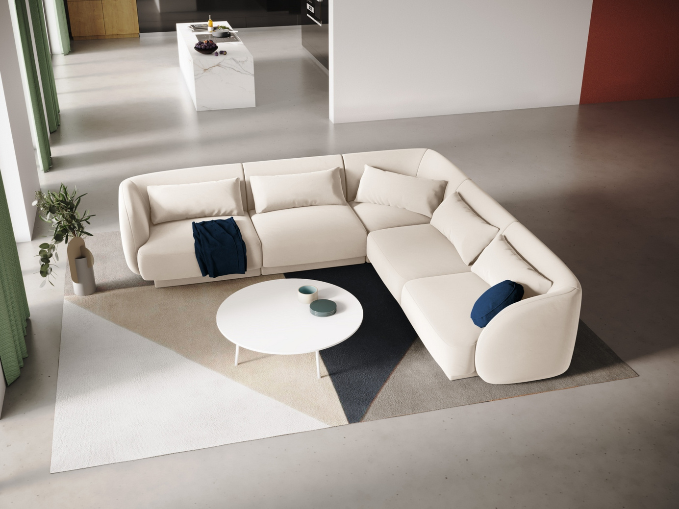Cosmopolitan Design vändbar sammetshörnsoffa, "Tulum", 5-sits, 255 × 255 × 70 cm, Bluvel, svarta plastben