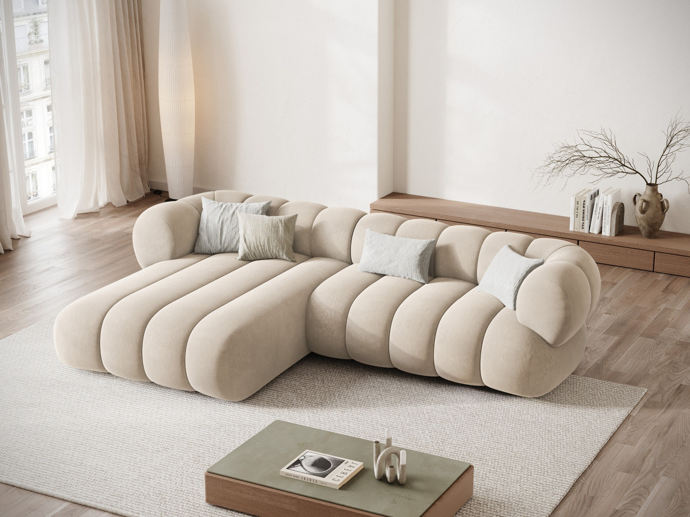 Cosmopolitan Design vänstervänd sammetshörnsoffa, "Koge", 5-sits, 270 × 165 × 70 cm, Vogue, svarta plastben