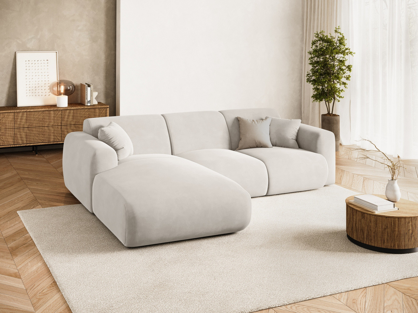 Cosmopolitan Design vänstervänd sammetshörnsoffa, "Nolio", 4-sits, 260 × 170 × 72 cm, Casino, svarta plastben