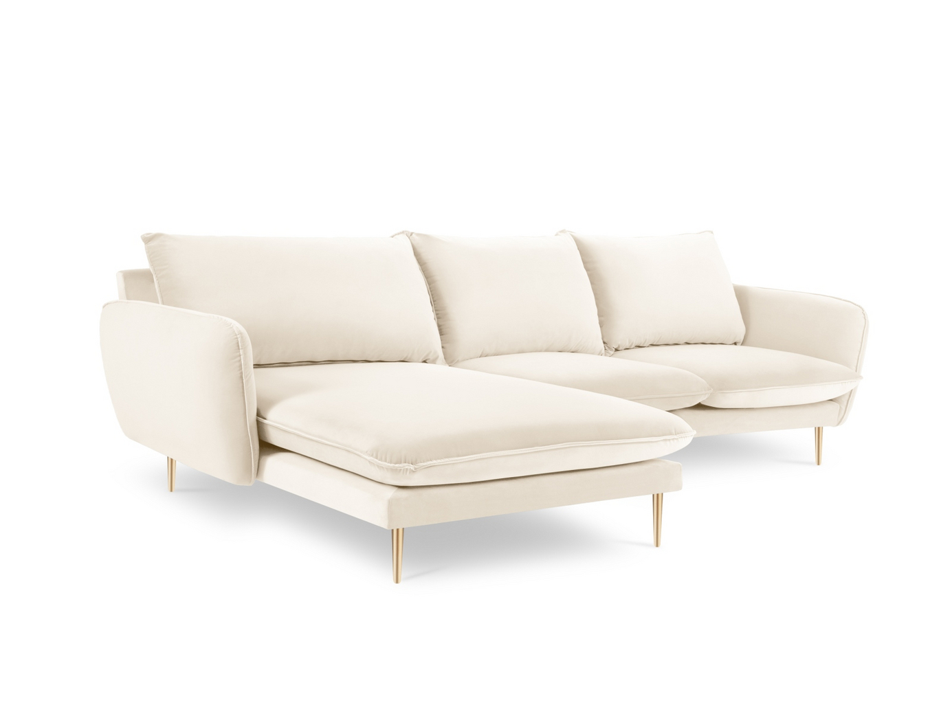 Cosmopolitan Design vänstervänd sammetshörnsoffa, "Vienna", 5-sits, 255 × 170 × 95 cm, Bluvel, guldfärgade metallben