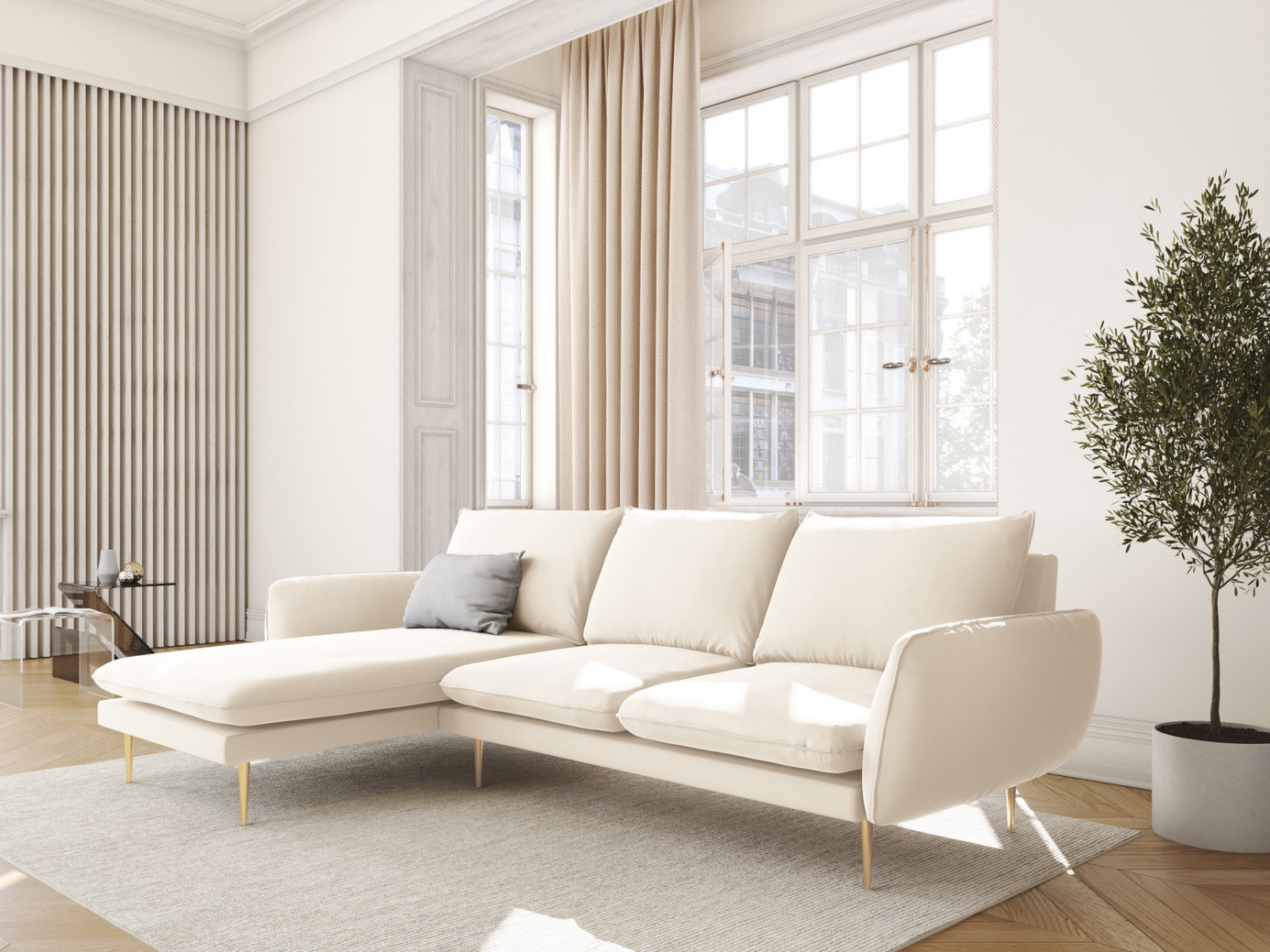 Cosmopolitan Design vänstervänd sammetshörnsoffa, "Vienna", 5-sits, 255 × 170 × 95 cm, Bluvel, guldfärgade metallben