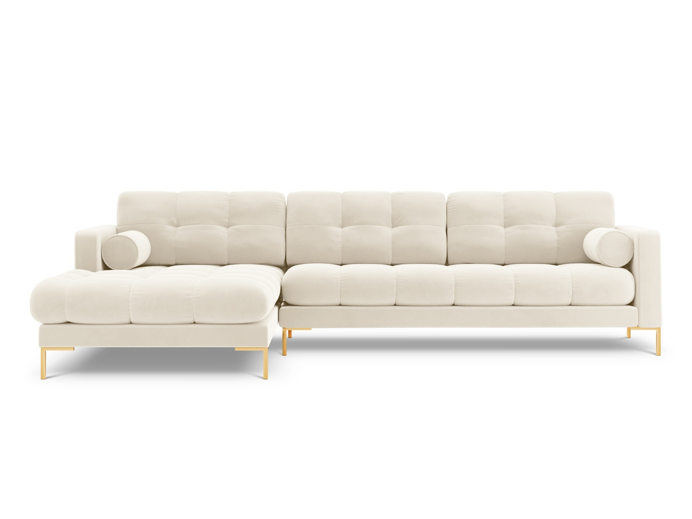 Cosmopolitan Design vänstervänd sammetshörnsoffa, "Bali", 5-sits, 293 × 185 × 75 cm, Bluvel, guldfärgade metallben