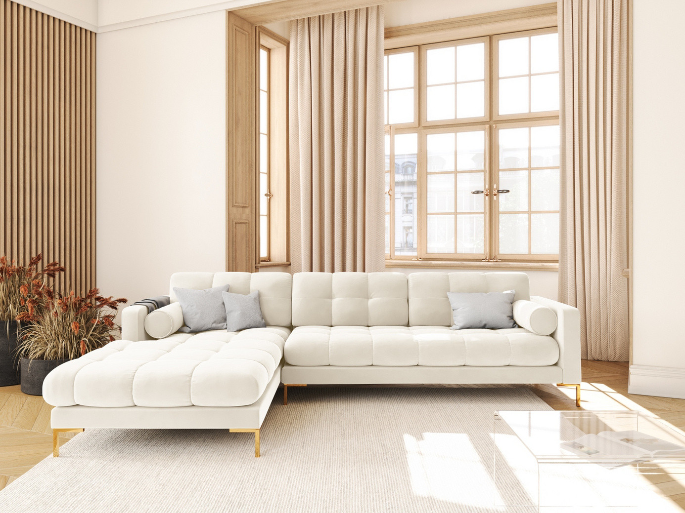 Cosmopolitan Design vänstervänd sammetshörnsoffa, "Bali", 5-sits, 293 × 185 × 75 cm, Bluvel, guldfärgade metallben