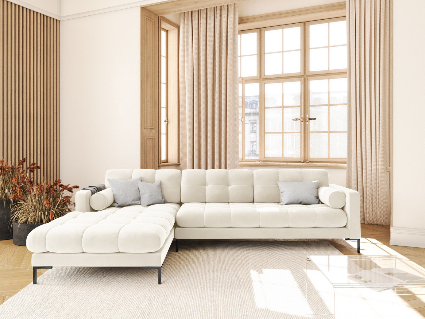 Cosmopolitan Design vänstervänd sammetshörnsoffa, "Bali", 5-sits, 293 × 185 × 75 cm, Bluvel, svarta metallben
