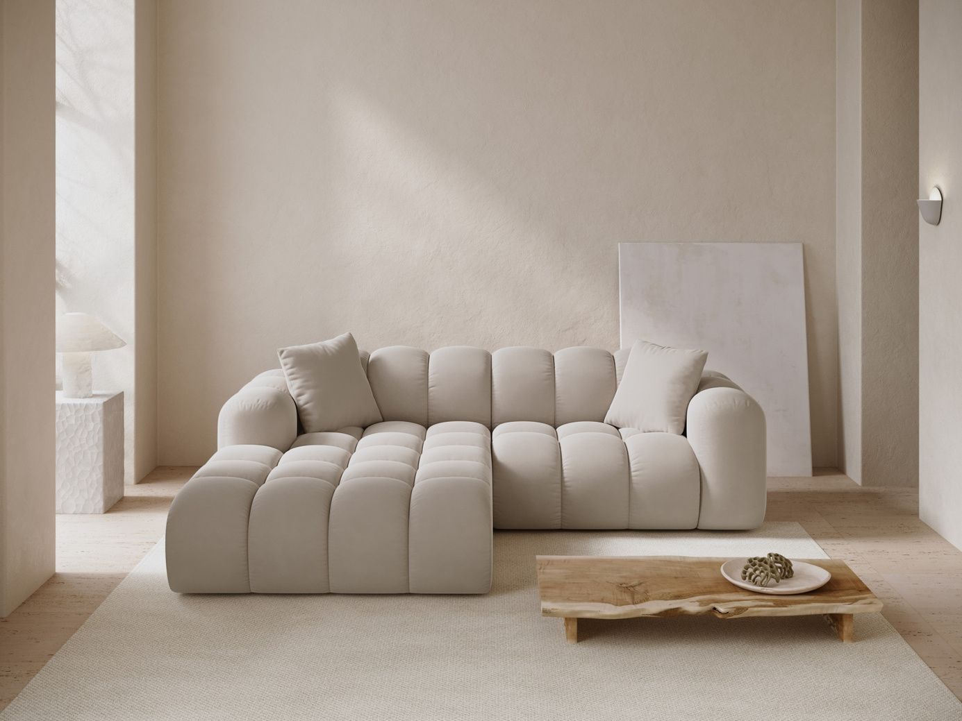Cosmopolitan Design vänstervänd sammetshörnsoffa, "Treno", 3-sits, 240 × 184 × 70 cm, Bluvel, svarta plastben