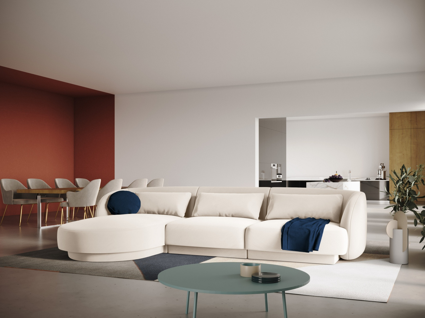 Cosmopolitan Design vänstervänd sammetshörnsoffa, "Tulum", 4-sits, 255 × 156 × 70 cm, Bluvel, svarta plastben