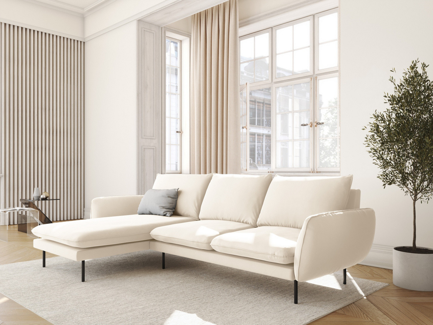 Cosmopolitan Design vänstervänd sammetshörnsoffa, "Vienna", 5-sits, 255 × 170 × 95 cm, Bluvel, svarta metallben
