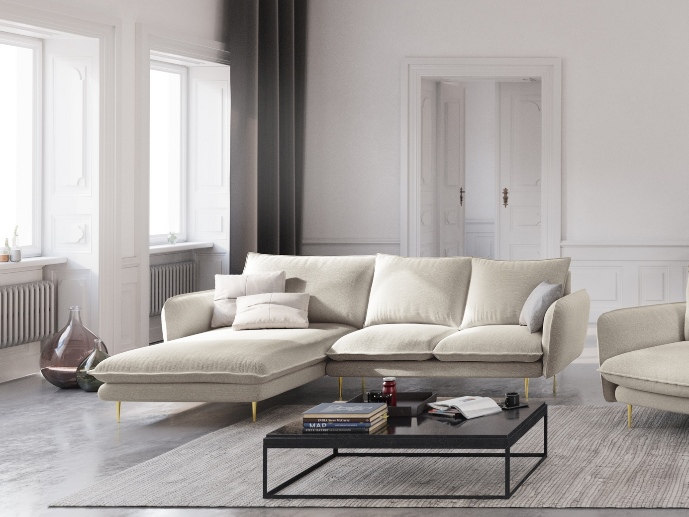 Cosmopolitan Design vänstervänd hörnsoffa, "Vienna", 5-sits, 255 × 170 × 95 cm, Positano, guldfärgade metallben