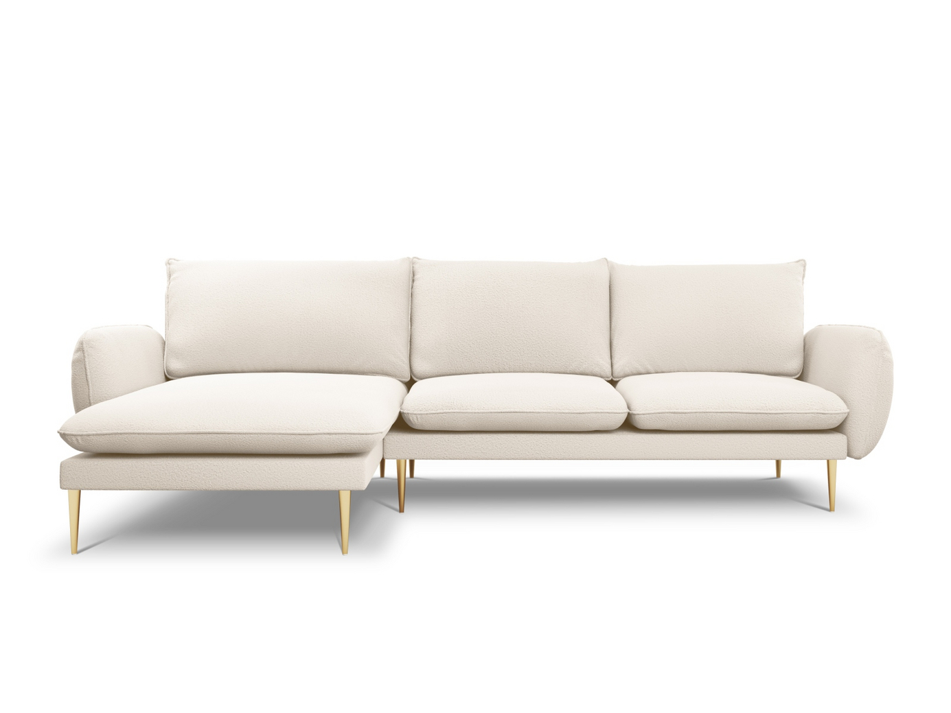 Cosmopolitan Design vänstervänd boucléhörnsoffa, "Vienna", 5-sits, 255 × 170 × 95 cm, Ascot, guldfärgade metallben