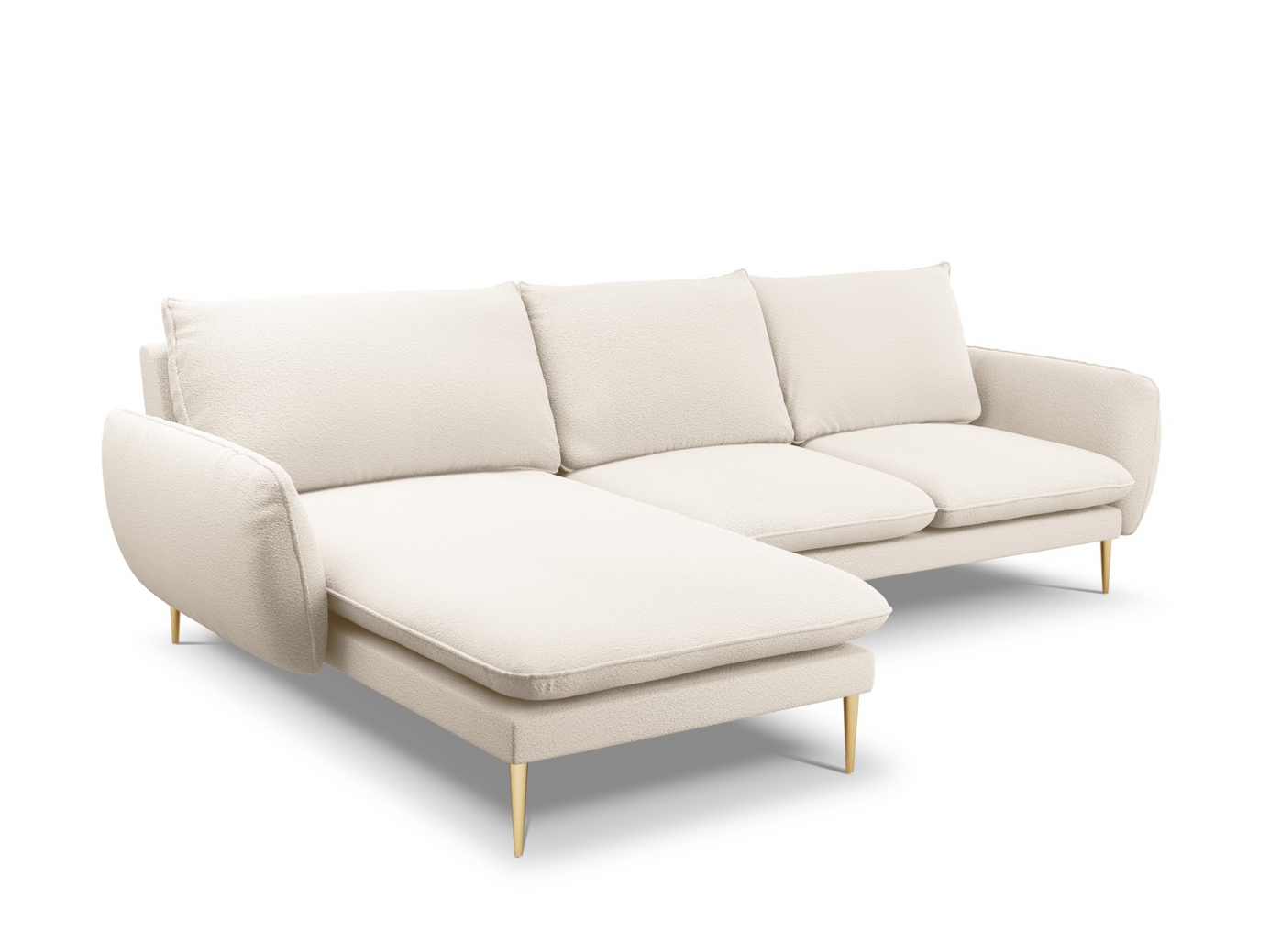 Cosmopolitan Design vänstervänd boucléhörnsoffa, "Vienna", 5-sits, 255 × 170 × 95 cm, Ascot, guldfärgade metallben