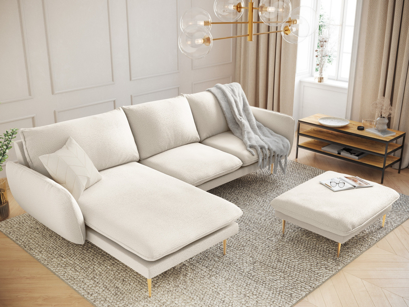 Cosmopolitan Design vänstervänd boucléhörnsoffa, "Vienna", 5-sits, 255 × 170 × 95 cm, Ascot, guldfärgade metallben