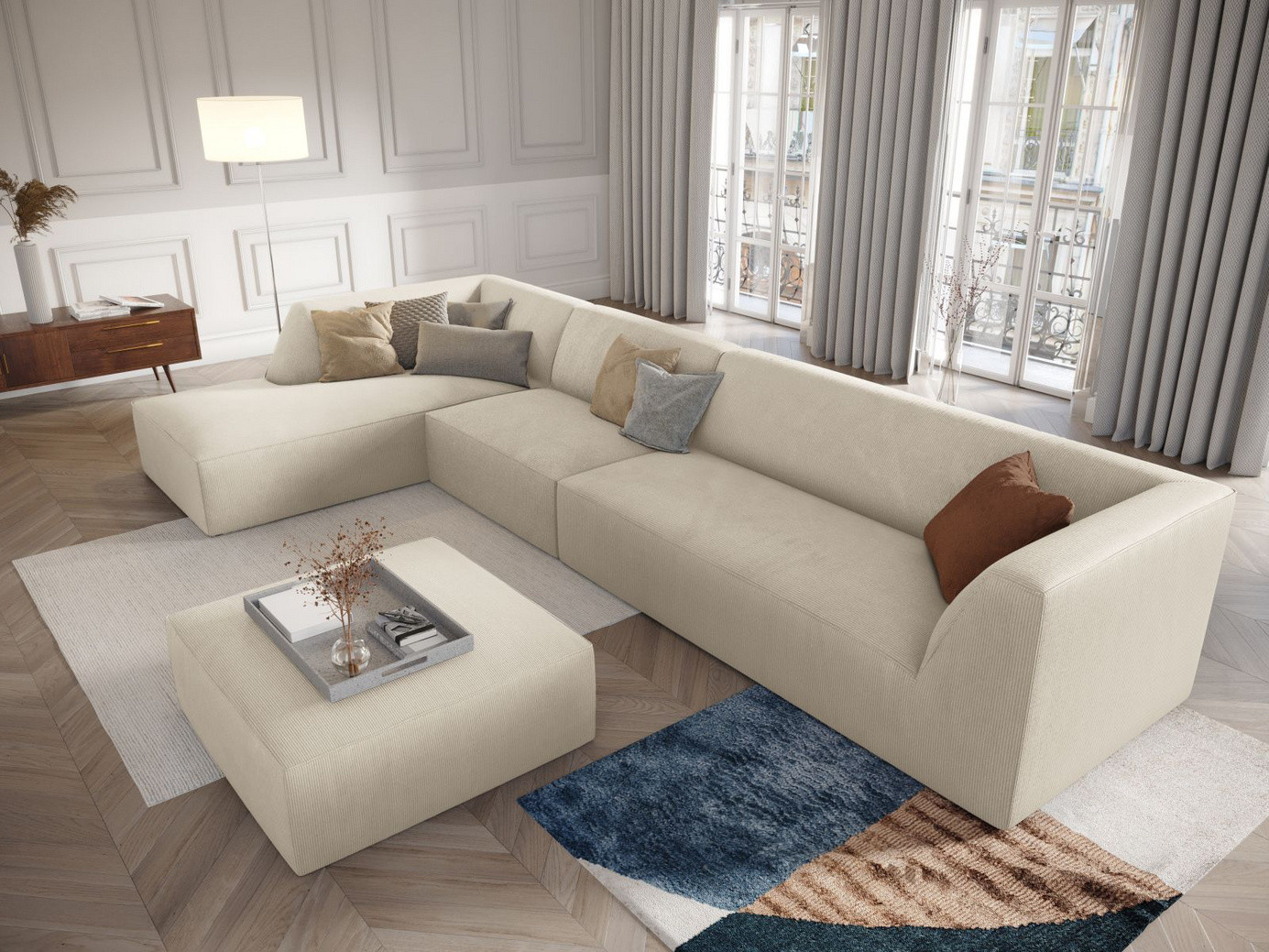 Cosmopolitan Design vänstervänd modulhörnsoffa, "Siena", 5-sits, 366 × 180 × 69 cm, Scala, svarta plastben