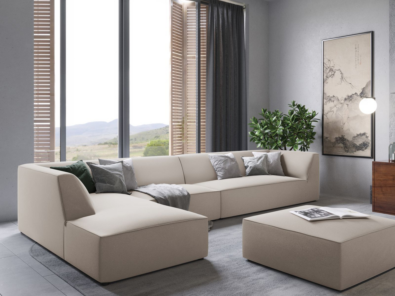 Cosmopolitan Design vänstervänd sammetsmodulhörnsoffa, "Siena", 5-sits, 366 × 180 × 69 cm, Salvador, svarta plastben, Variant LC_L_44