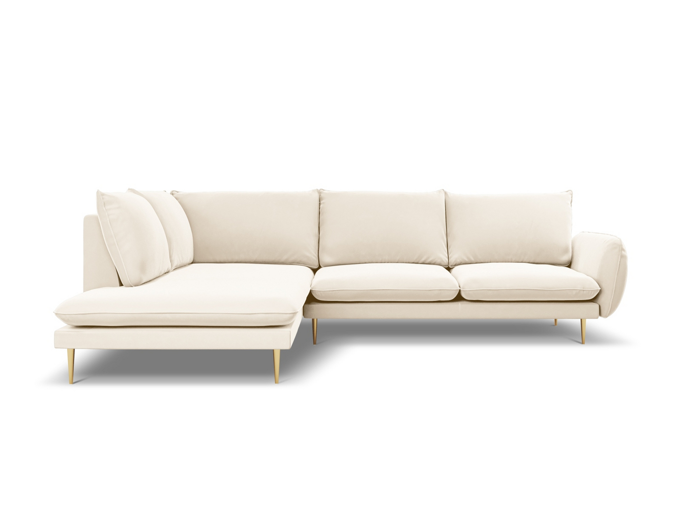 Cosmopolitan Design vänstervänd sammetshörnsoffa, "Vienna", 6-sits, 275 × 185 × 95 cm, Bluvel, guldfärgade metallben