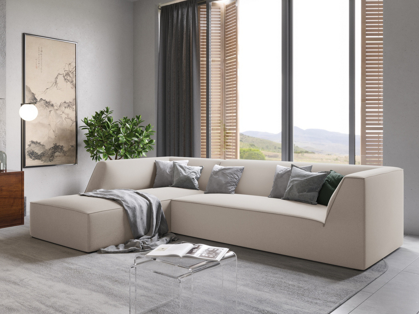 Cosmopolitan Design vänstervänd sammetsmodulhörnsoffa, "Siena", 4-sits, 273 × 180 × 69 cm, Salvador, svarta plastben, Variant LC_M_44