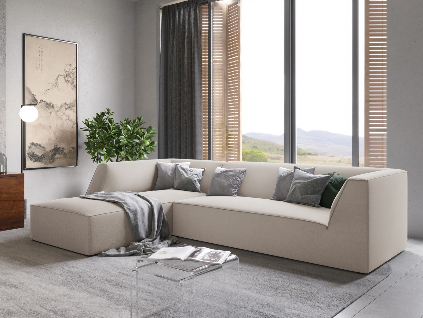 Cosmopolitan Design vänstervänd sammetsmodulhörnsoffa, "Siena", 4-sits, 273 × 180 × 69 cm, Salvador, svarta plastben, Variant LC_M_44