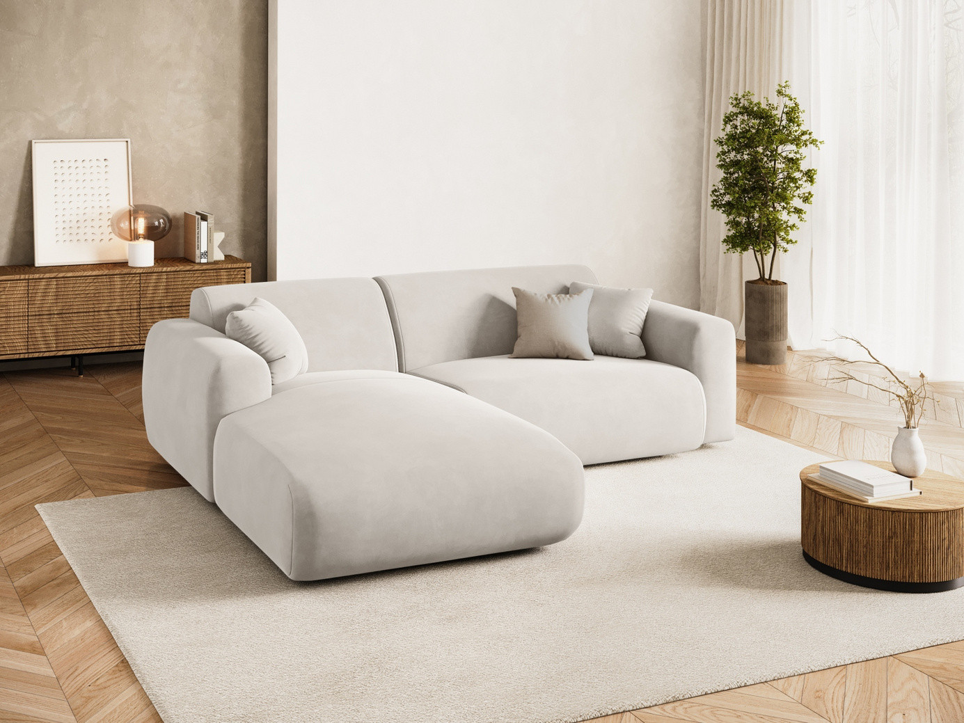 Cosmopolitan Design vänstervänd sammetshörnsoffa, "Nolio", 4-sits, 235 × 170 × 72 cm, Casino, svarta plastben