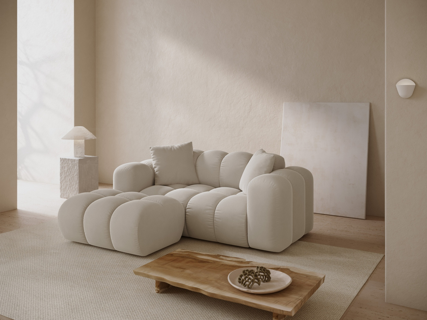 Cosmopolitan Design vänstervänd sammetshörnsoffa, "Treno", 2-sits, 180 × 164 × 70 cm, Bluvel, svarta plastben