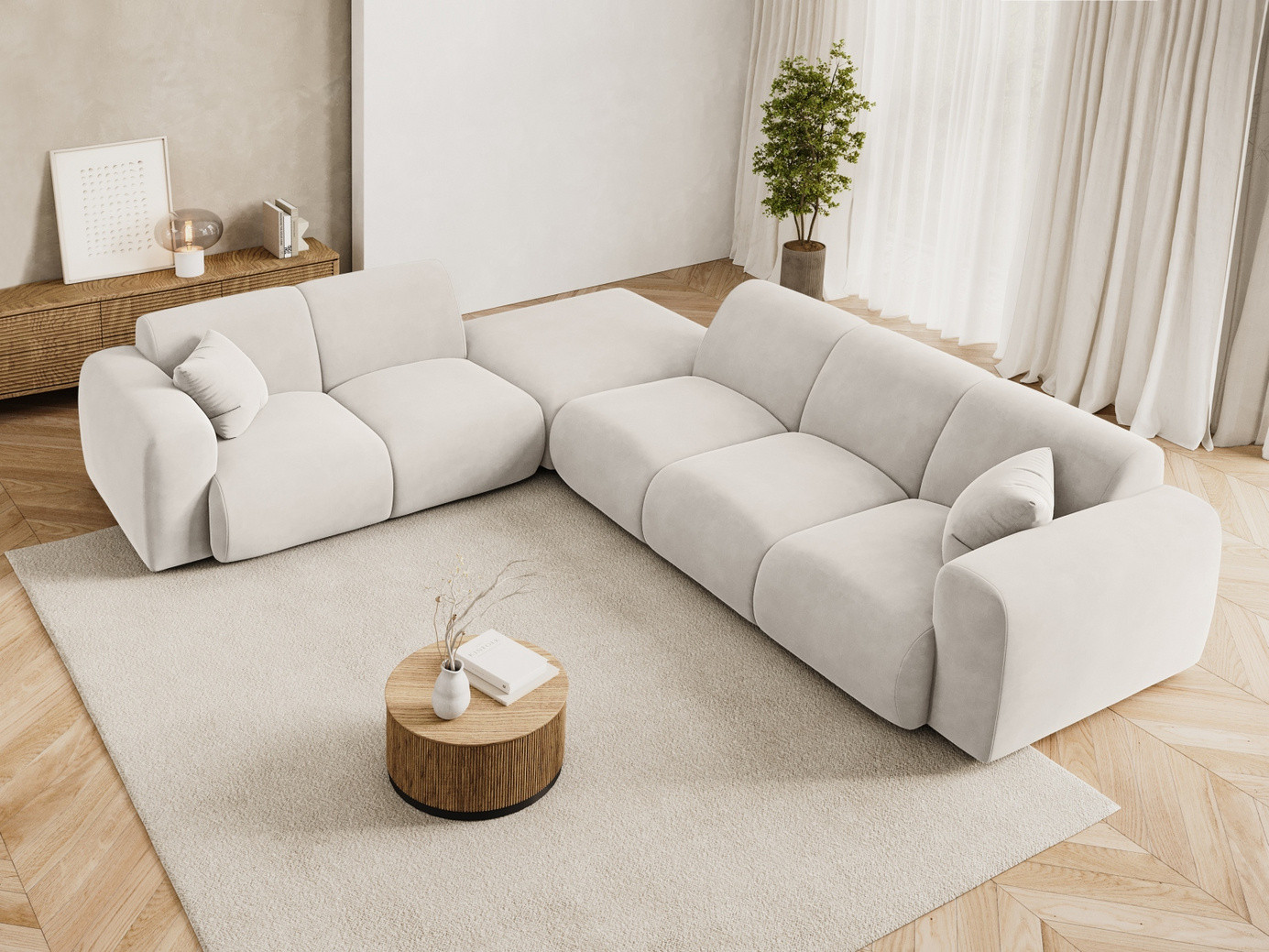 Cosmopolitan Design vänstervänd sammetshörnsoffa, "Nolio", 4-sits, 315 × 250 × 72 cm, Casino, svarta plastben