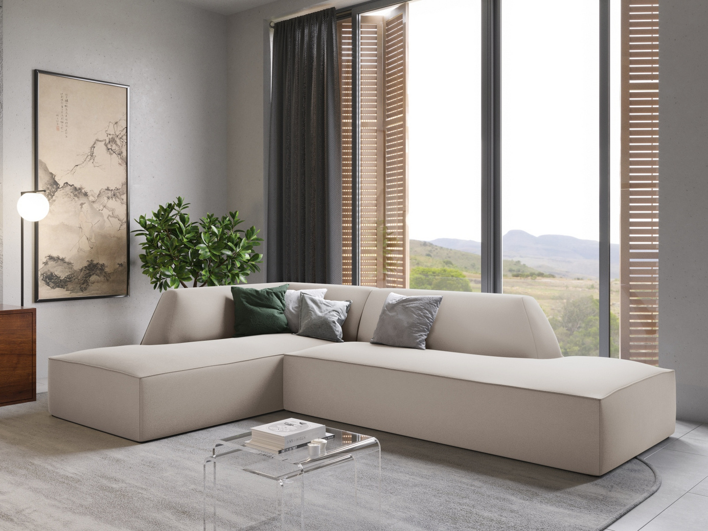 Cosmopolitan Design vänstervänd sammetsmodulhörnsoffa, "Siena", 4-sits, 273 × 180 × 69 cm, Salvador, svarta plastben, Variant LCO_44