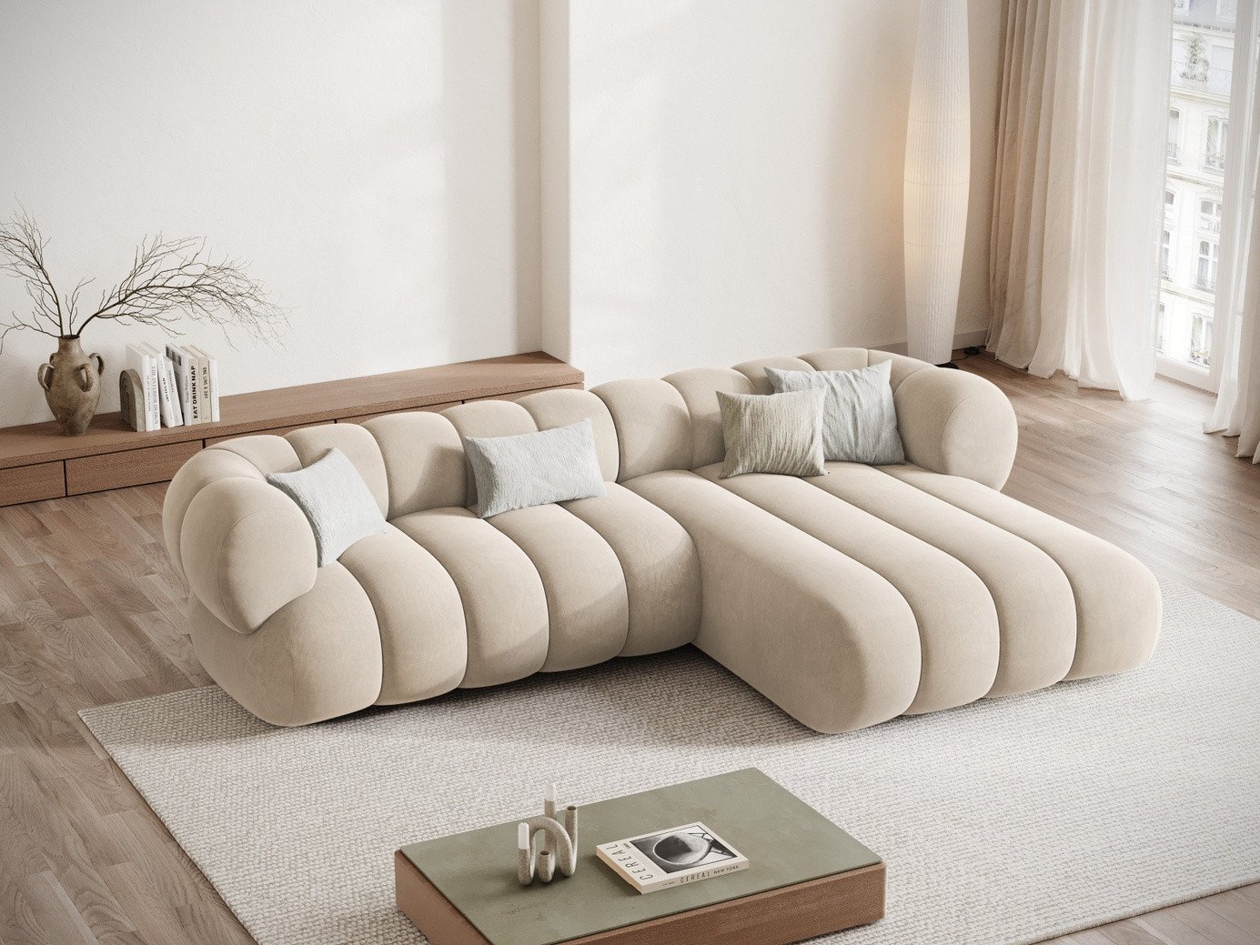 Cosmopolitan Design högervänd sammetshörnsoffa, "Koge", 5-sits, 270 × 165 × 70 cm, Vogue, svarta plastben