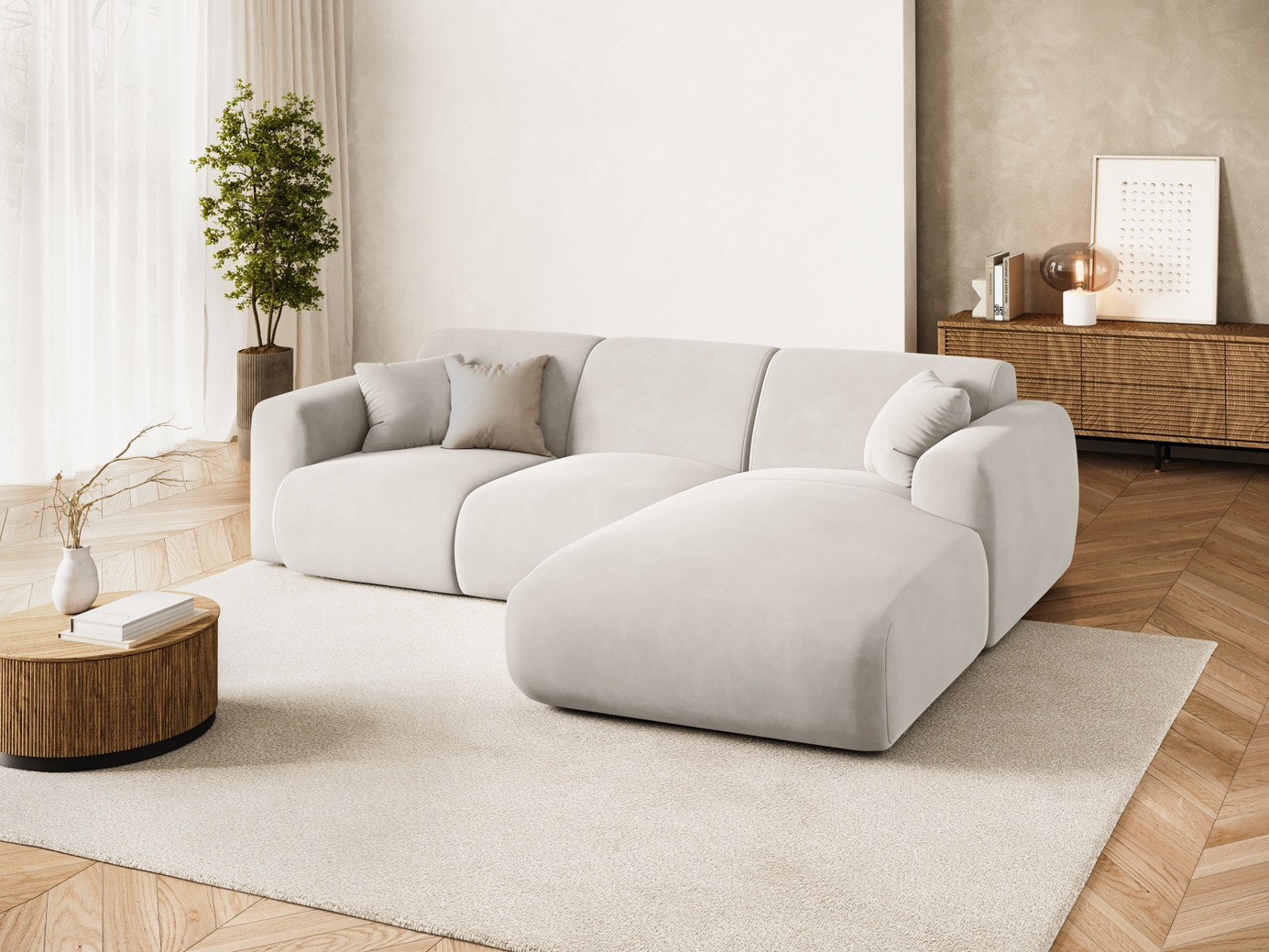 Cosmopolitan Design högervänd sammetshörnsoffa, "Nolio", 4-sits, 260 × 170 × 72 cm, Casino, svarta plastben