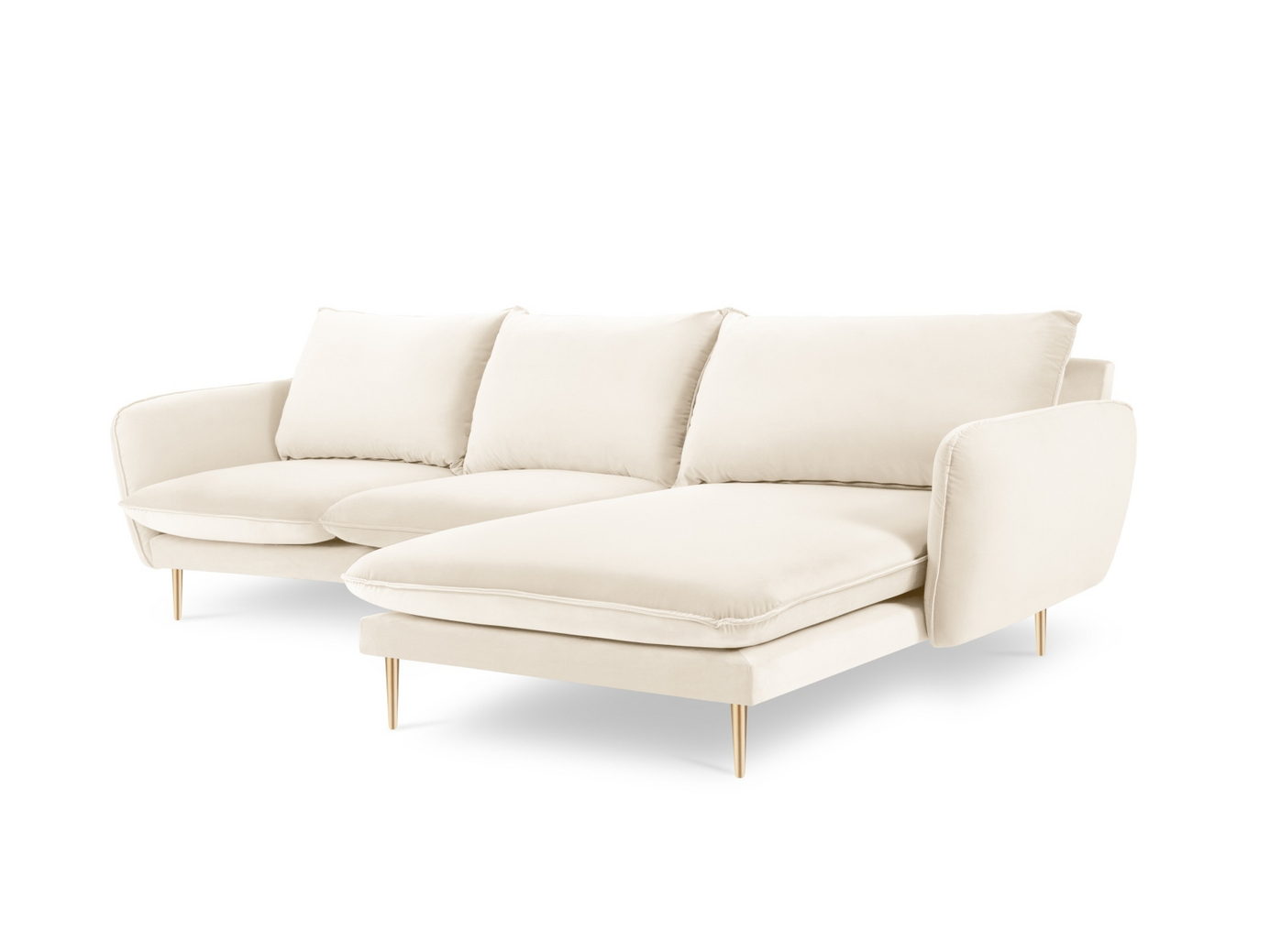 Cosmopolitan Design högervänd sammetshörnsoffa, "Vienna", 5-sits, 255 × 170 × 95 cm, Bluvel, guldfärgade metallben