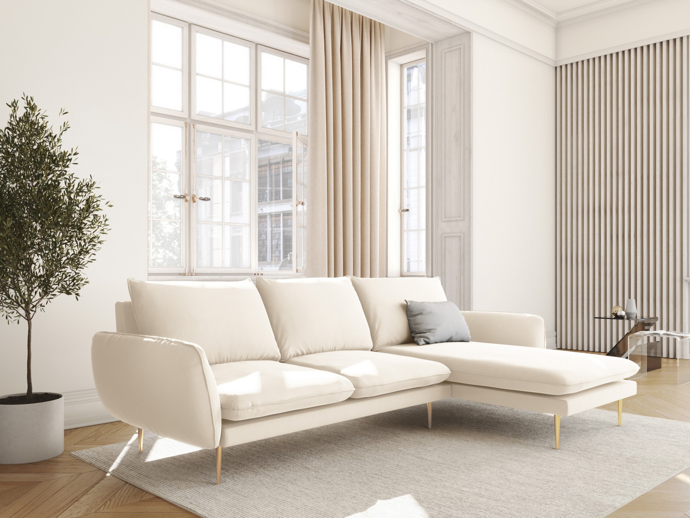Cosmopolitan Design högervänd sammetshörnsoffa, "Vienna", 5-sits, 255 × 170 × 95 cm, Bluvel, guldfärgade metallben